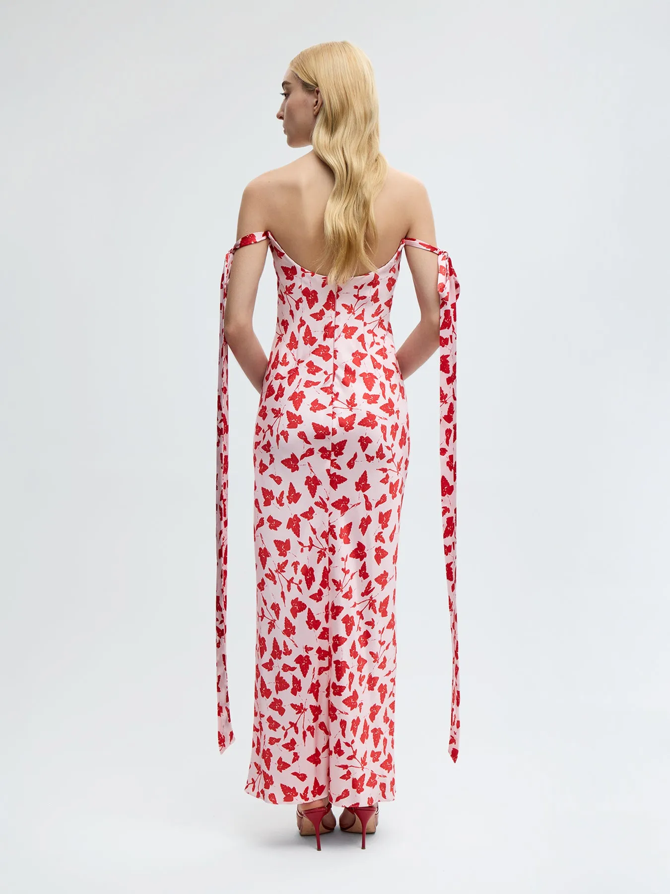 Strapless Bustier Dress with Ties in Red Leaf Print