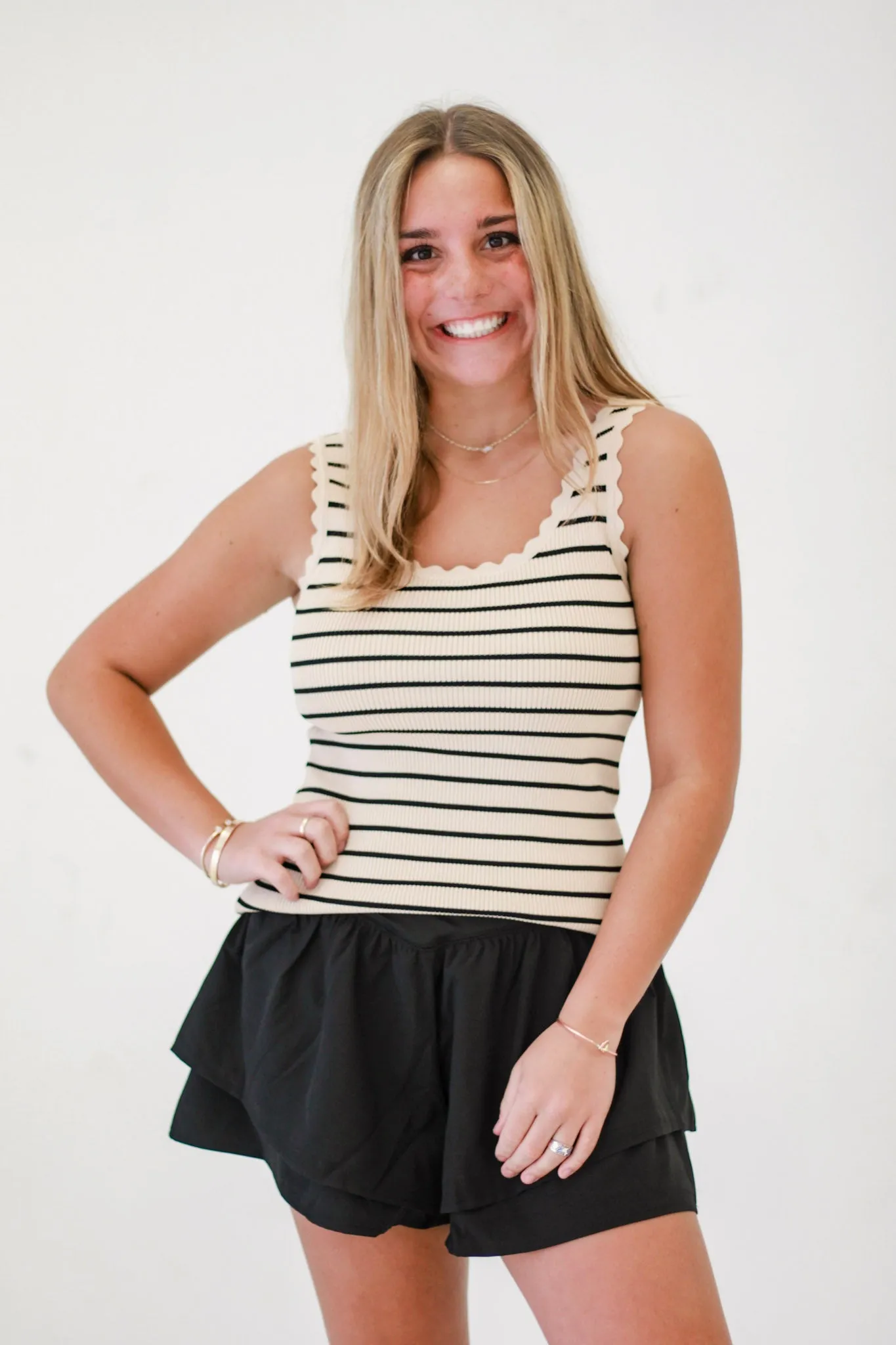 Sunny Days Fringe Sweater Tank in Tan/Black