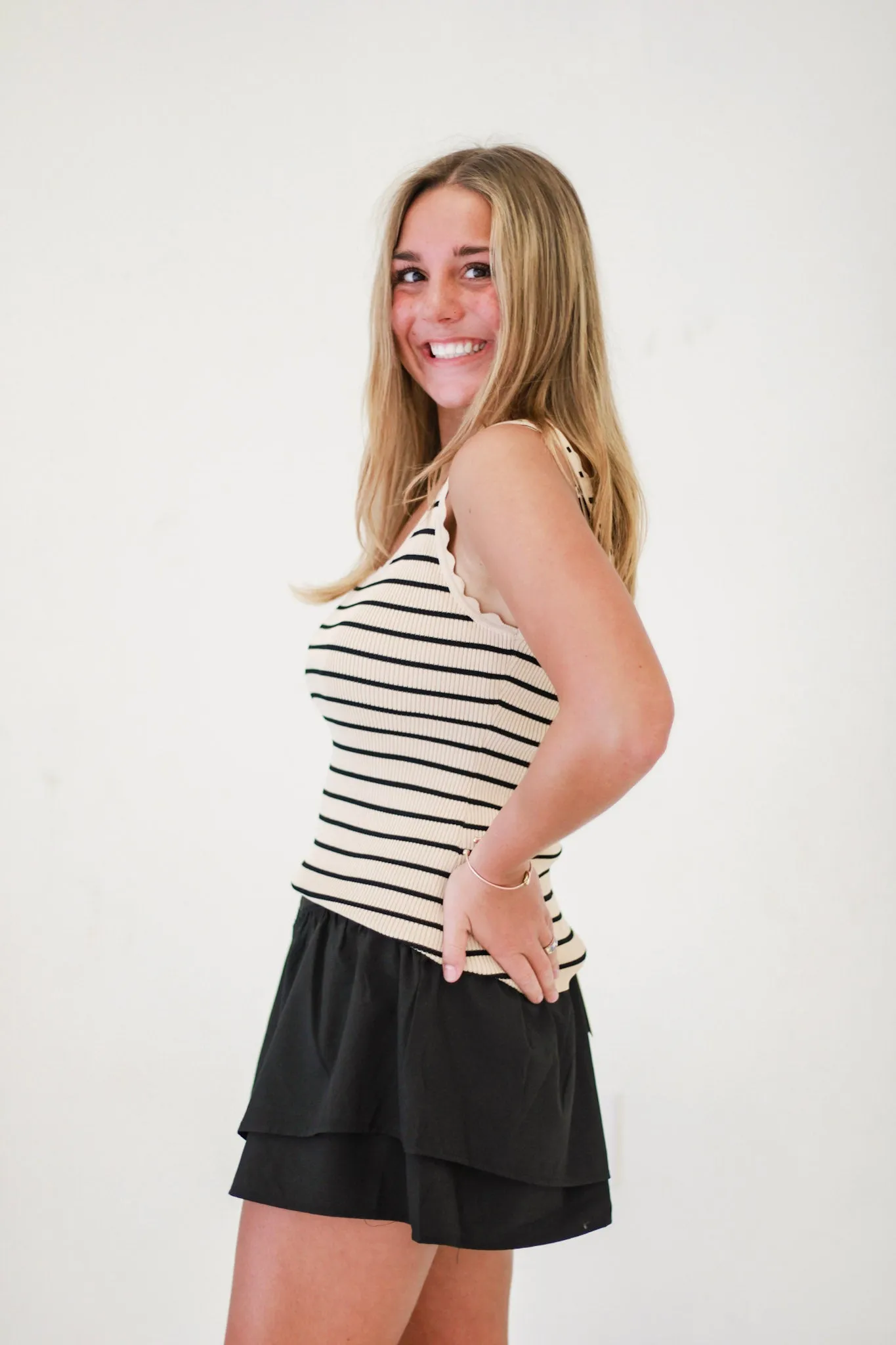 Sunny Days Fringe Sweater Tank in Tan/Black