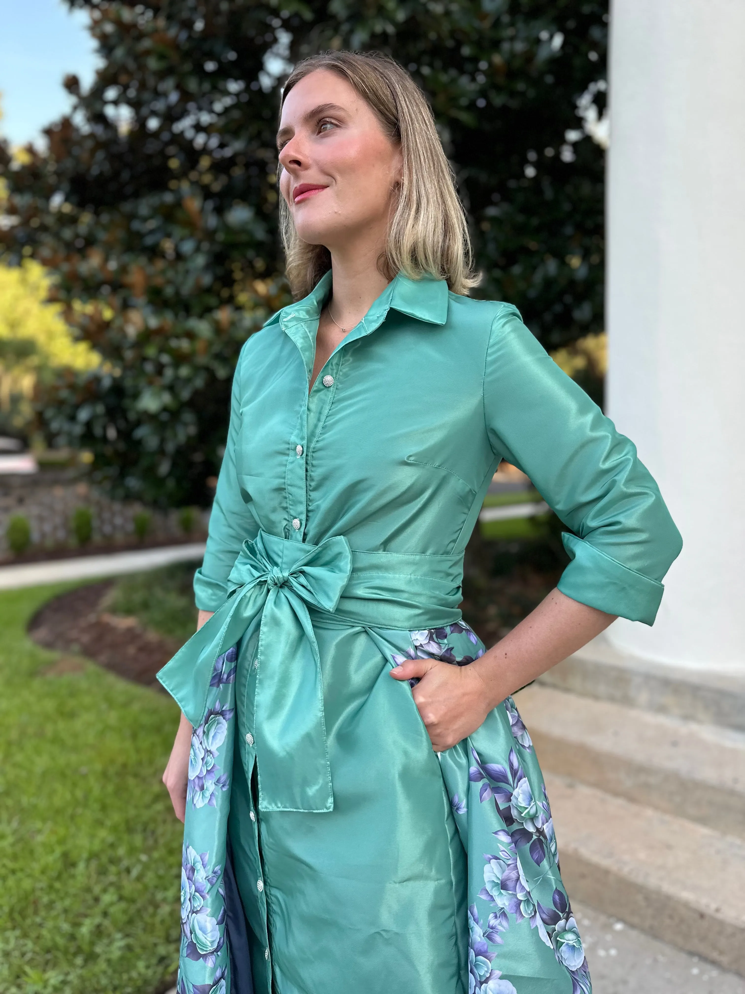 Taffeta Overskirt in Jade and Smoky Navy Camellias