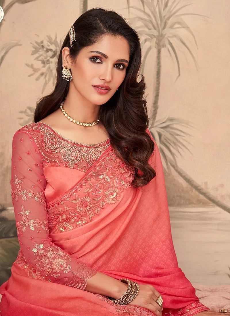 Tangerine Orange Embroidered Party Wear Silk Saree