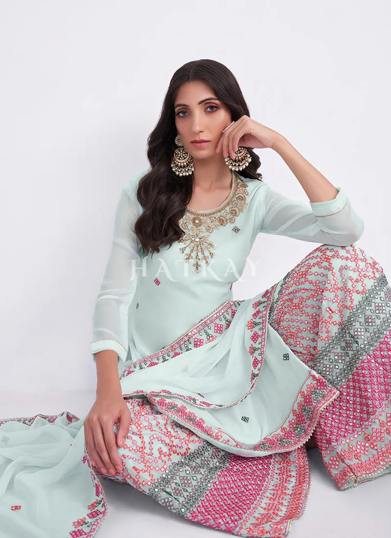 Teal Blue Sequence Embroidery Traditional Gharara Style Suit