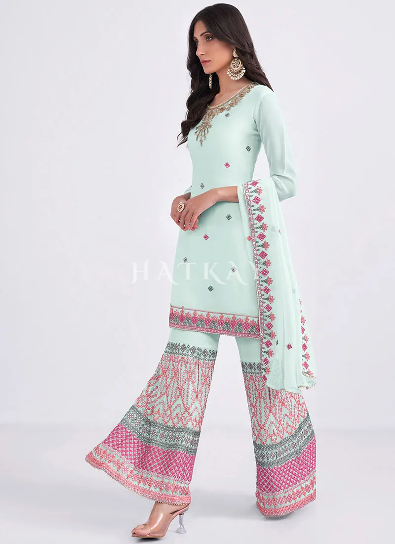 Teal Blue Sequence Embroidery Traditional Gharara Style Suit