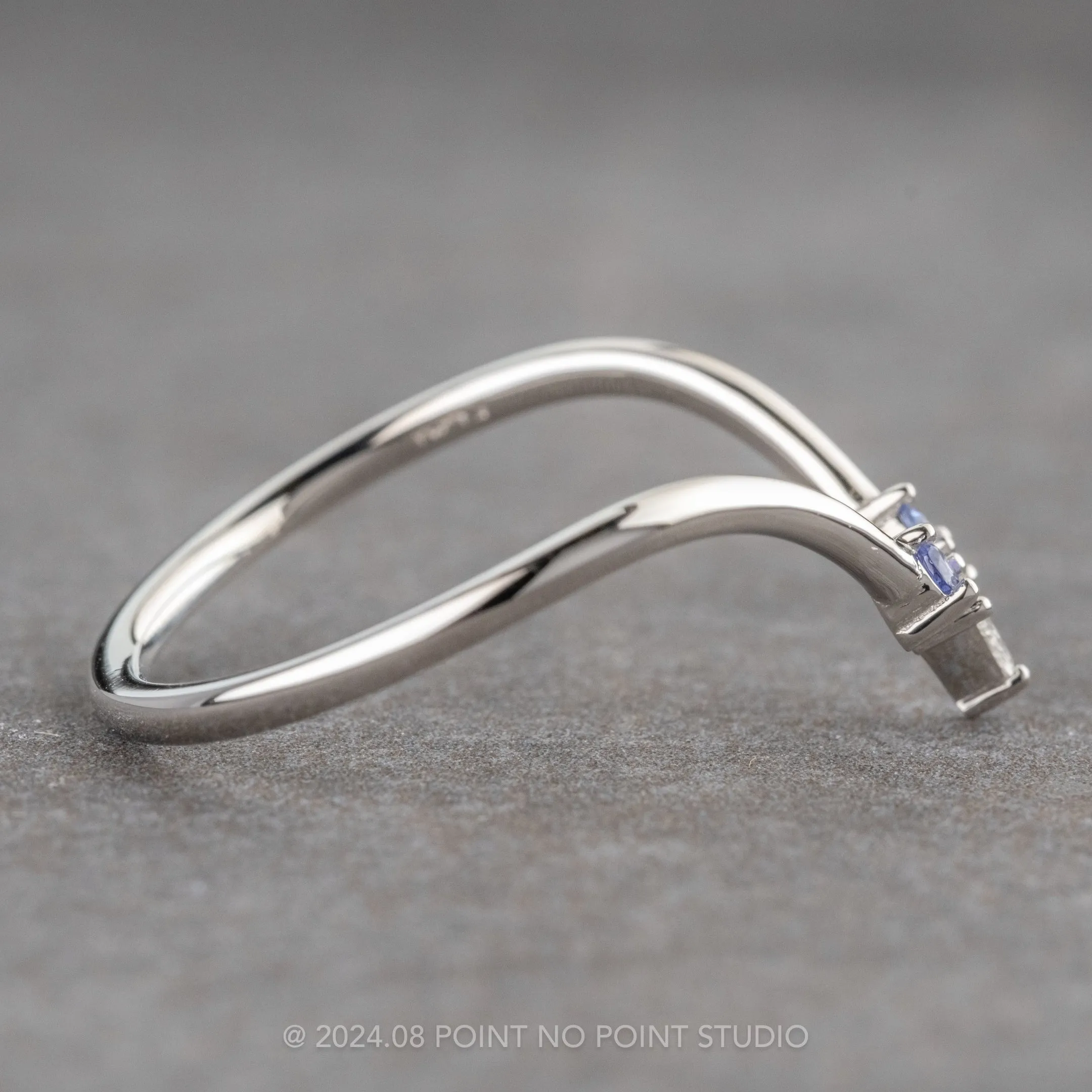 Triangle Diamond and Tanzanite Rounded Wedding Band, Vivian Setting, 14k White Gold