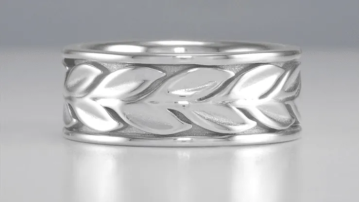 Vintage Engraved Eternity Vine Leaves Heavy 8mm Wide Wedding Band in 14K White Gold