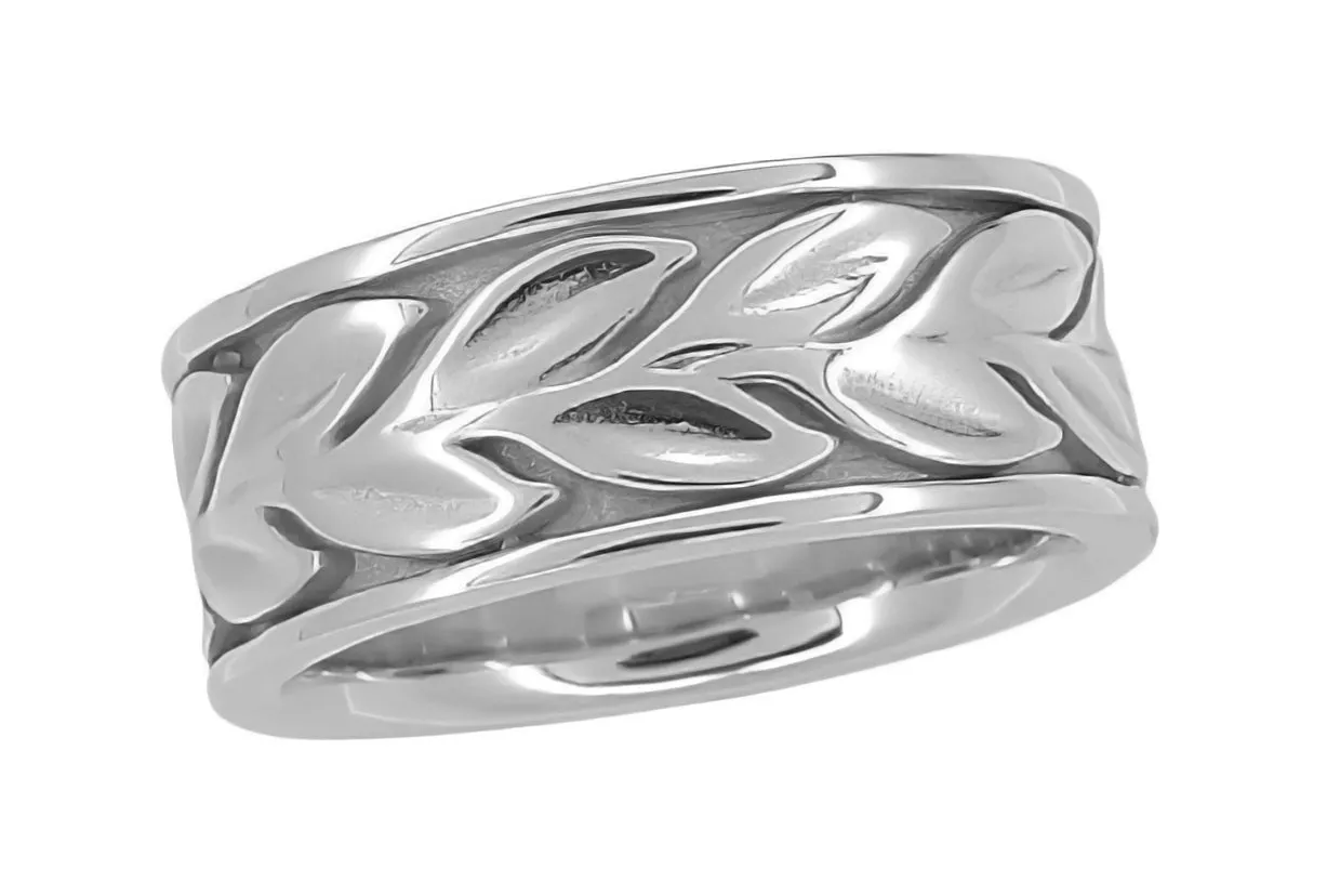 Vintage Engraved Eternity Vine Leaves Heavy 8mm Wide Wedding Band in 14K White Gold