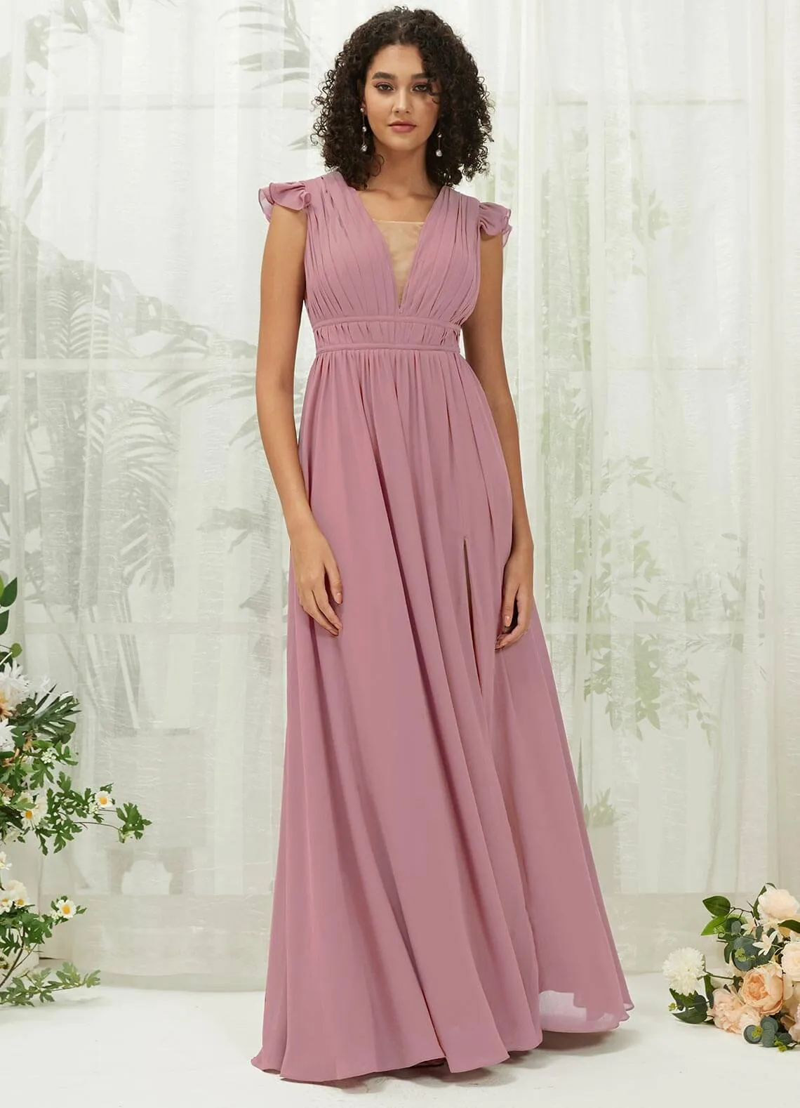 Vintage Mauve Cap Sleeves Pleated V-Neck Chiffon Maxi Bridesmaid Dress