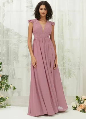 Vintage Mauve Cap Sleeves Pleated V-Neck Chiffon Maxi Bridesmaid Dress