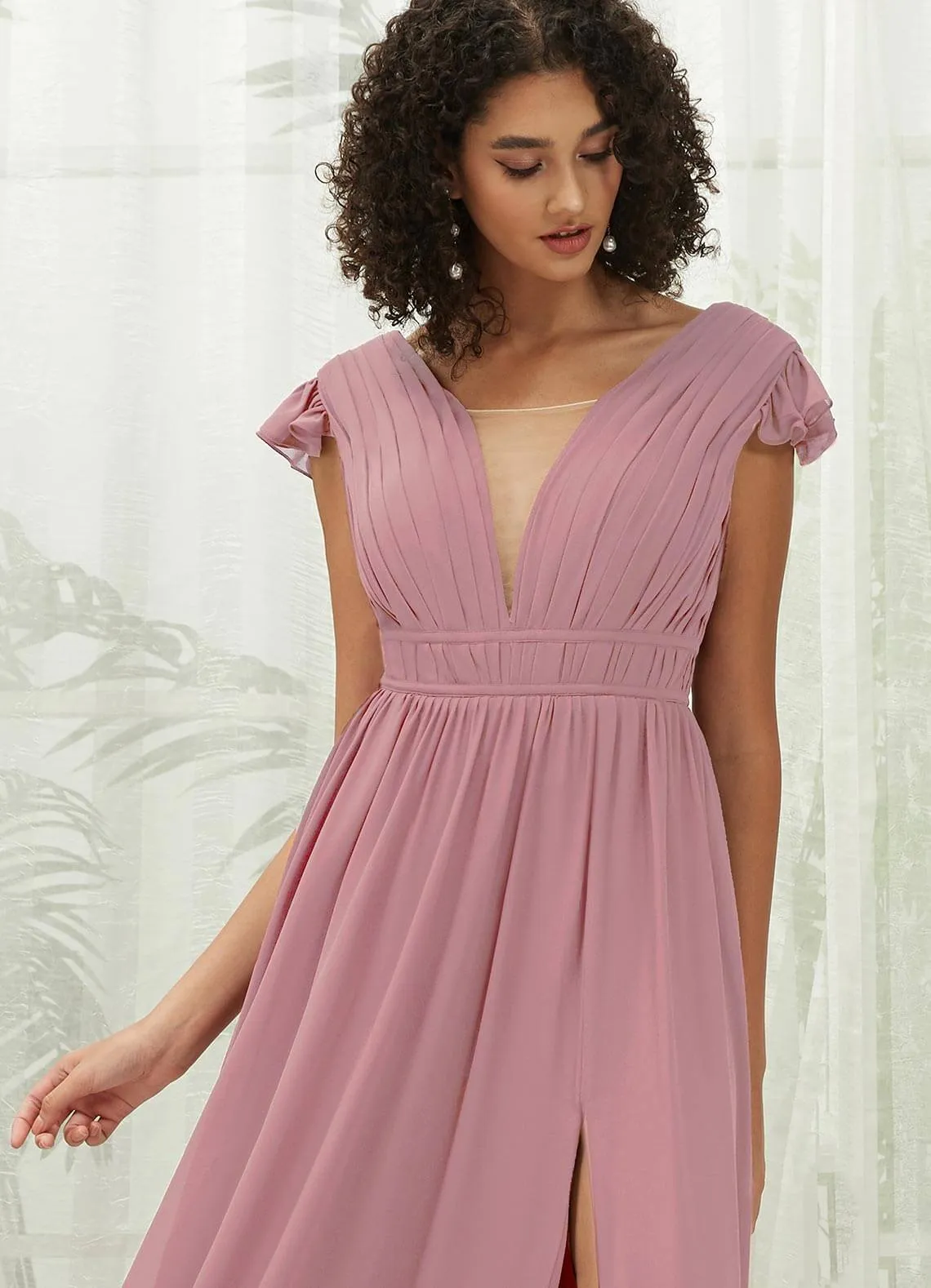 Vintage Mauve Cap Sleeves Pleated V-Neck Chiffon Maxi Bridesmaid Dress