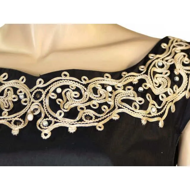 Vintage MCM Party Dress Black Polished Cotton White Soutache NATLYNN 1950’S