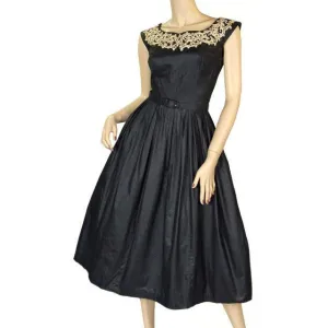 Vintage MCM Party Dress Black Polished Cotton White Soutache NATLYNN 1950’S