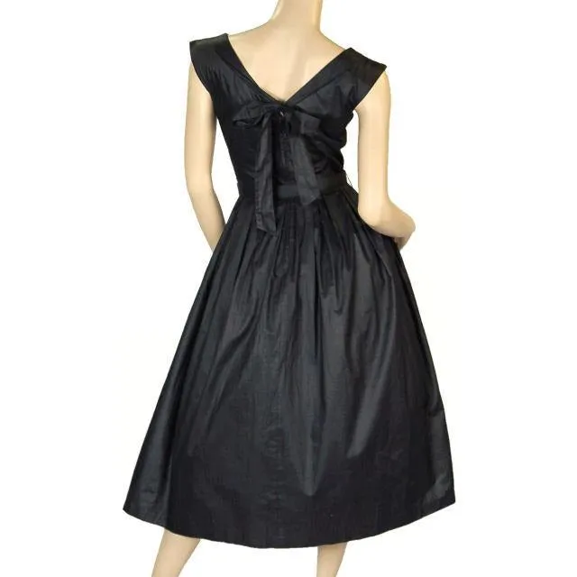 Vintage MCM Party Dress Black Polished Cotton White Soutache NATLYNN 1950’S
