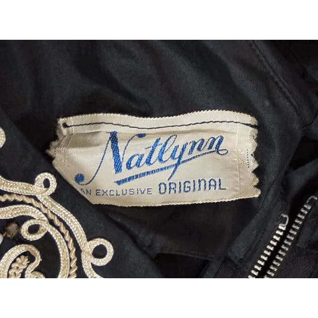 Vintage MCM Party Dress Black Polished Cotton White Soutache NATLYNN 1950’S