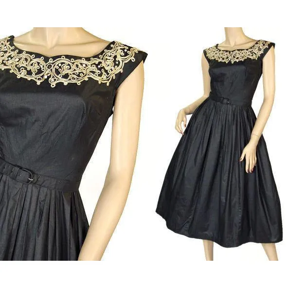 Vintage MCM Party Dress Black Polished Cotton White Soutache NATLYNN 1950’S