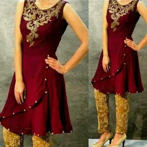 Wedding party dress in maroon and golden with dabka and pearls work Model#P 106