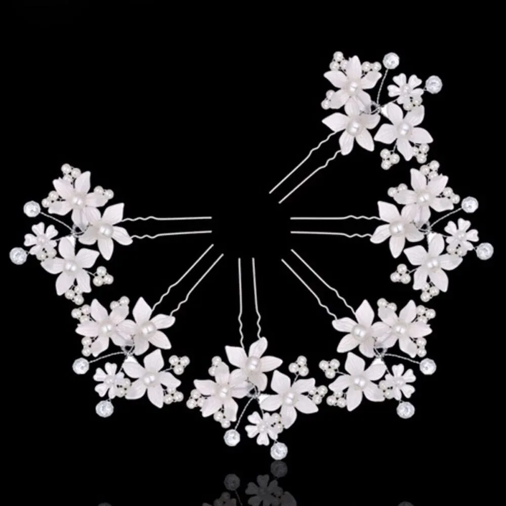 White Floral Bridal 2 PC Hair Pin Set, Wedding Party Pearl Flower Hairpin Hairpiece Set