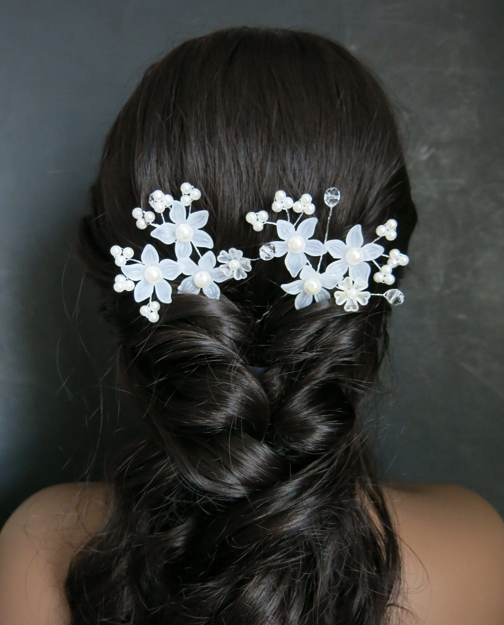 White Floral Bridal 2 PC Hair Pin Set, Wedding Party Pearl Flower Hairpin Hairpiece Set