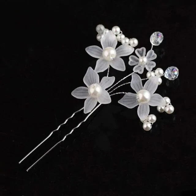 White Floral Bridal 2 PC Hair Pin Set, Wedding Party Pearl Flower Hairpin Hairpiece Set