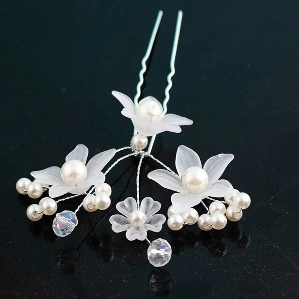 White Floral Bridal 2 PC Hair Pin Set, Wedding Party Pearl Flower Hairpin Hairpiece Set