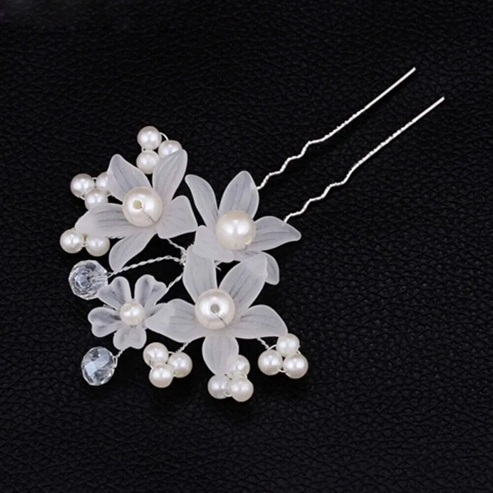 White Floral Bridal 2 PC Hair Pin Set, Wedding Party Pearl Flower Hairpin Hairpiece Set