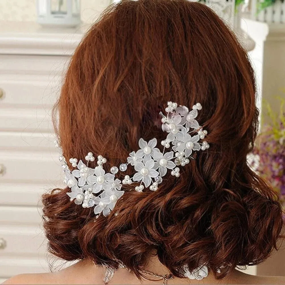 White Floral Bridal 2 PC Hair Pin Set, Wedding Party Pearl Flower Hairpin Hairpiece Set