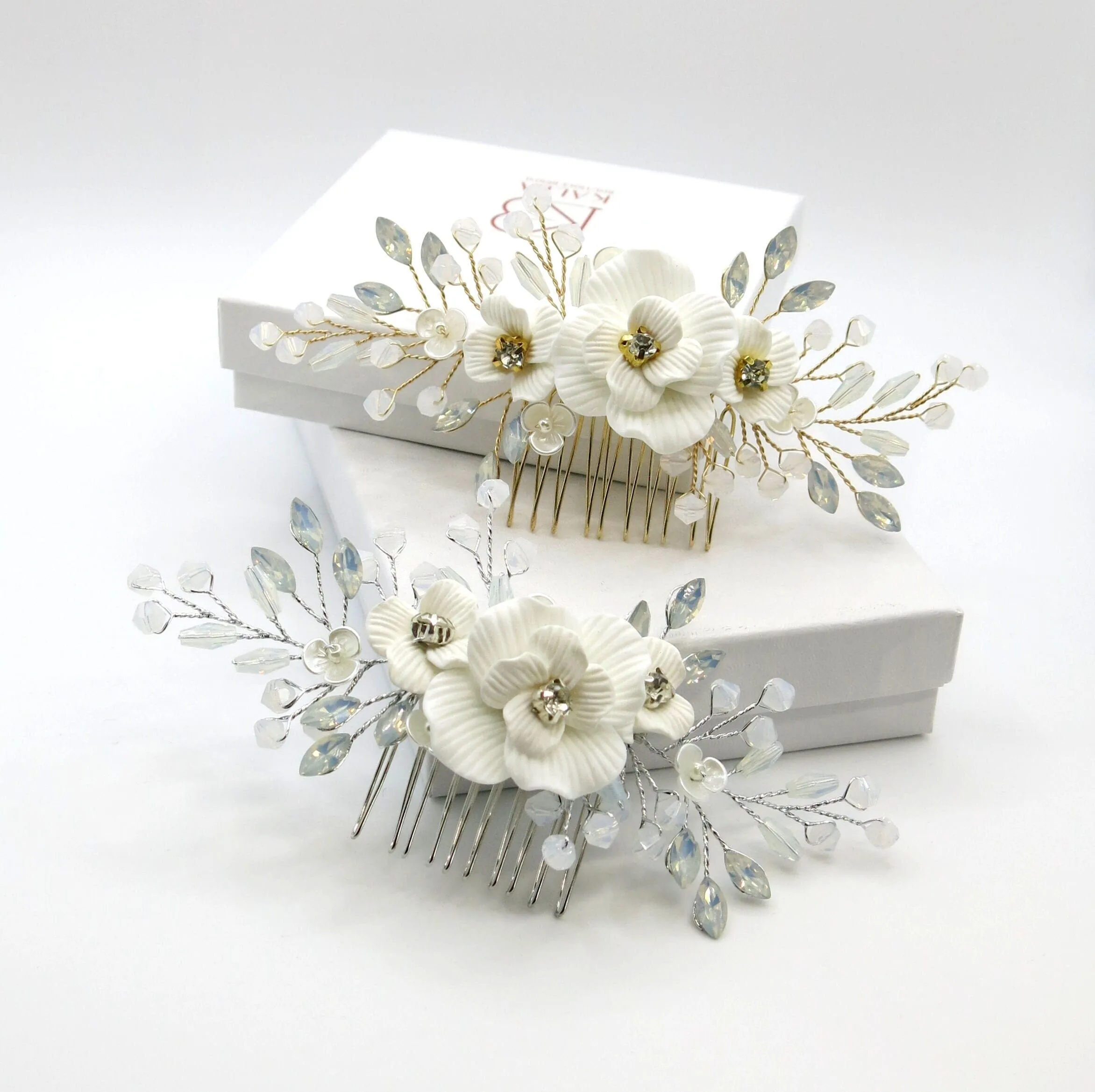 White Flower Opal Leaf Hair Comb, Milky Opal Crystal Bridal Hairpiece, Wedding Floral Hair Comb or Flower Hair Clips