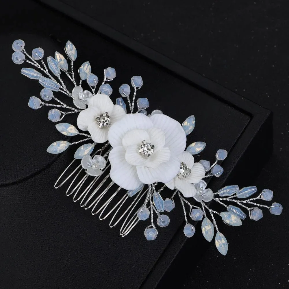 White Flower Opal Leaf Hair Comb, Milky Opal Crystal Bridal Hairpiece, Wedding Floral Hair Comb or Flower Hair Clips