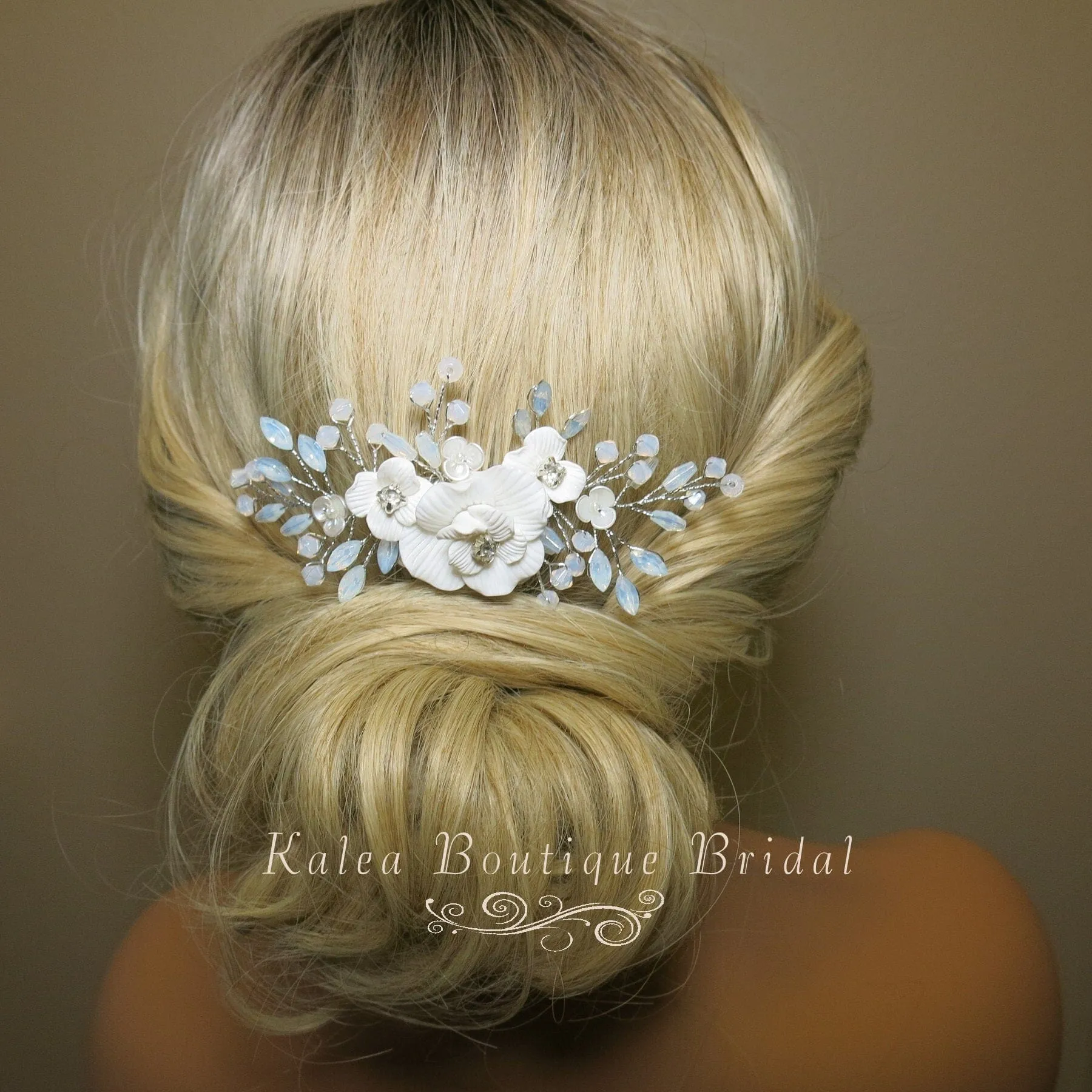 White Flower Opal Leaf Hair Comb, Milky Opal Crystal Bridal Hairpiece, Wedding Floral Hair Comb or Flower Hair Clips