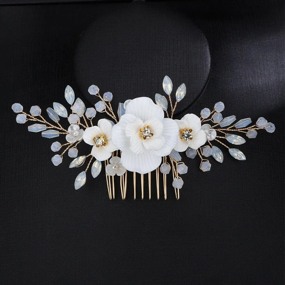 White Flower Opal Leaf Hair Comb, Milky Opal Crystal Bridal Hairpiece, Wedding Floral Hair Comb or Flower Hair Clips