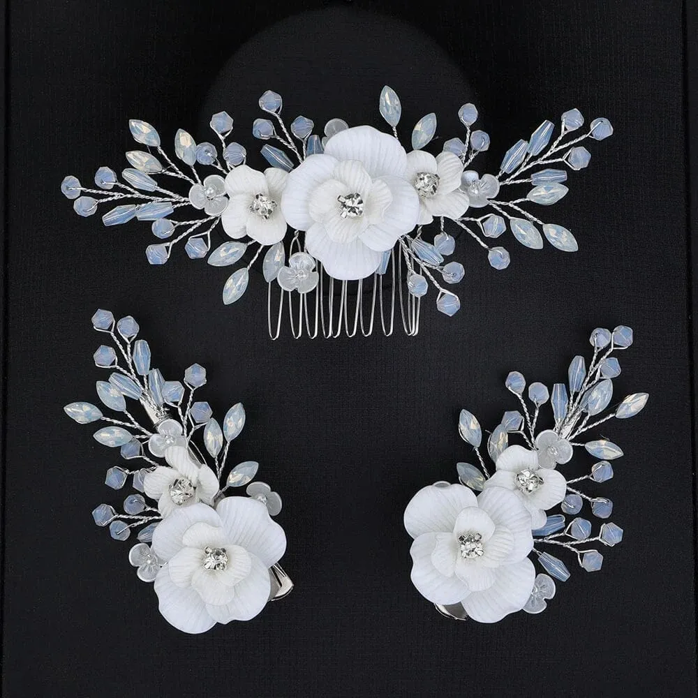 White Flower Opal Leaf Hair Comb, Milky Opal Crystal Bridal Hairpiece, Wedding Floral Hair Comb or Flower Hair Clips