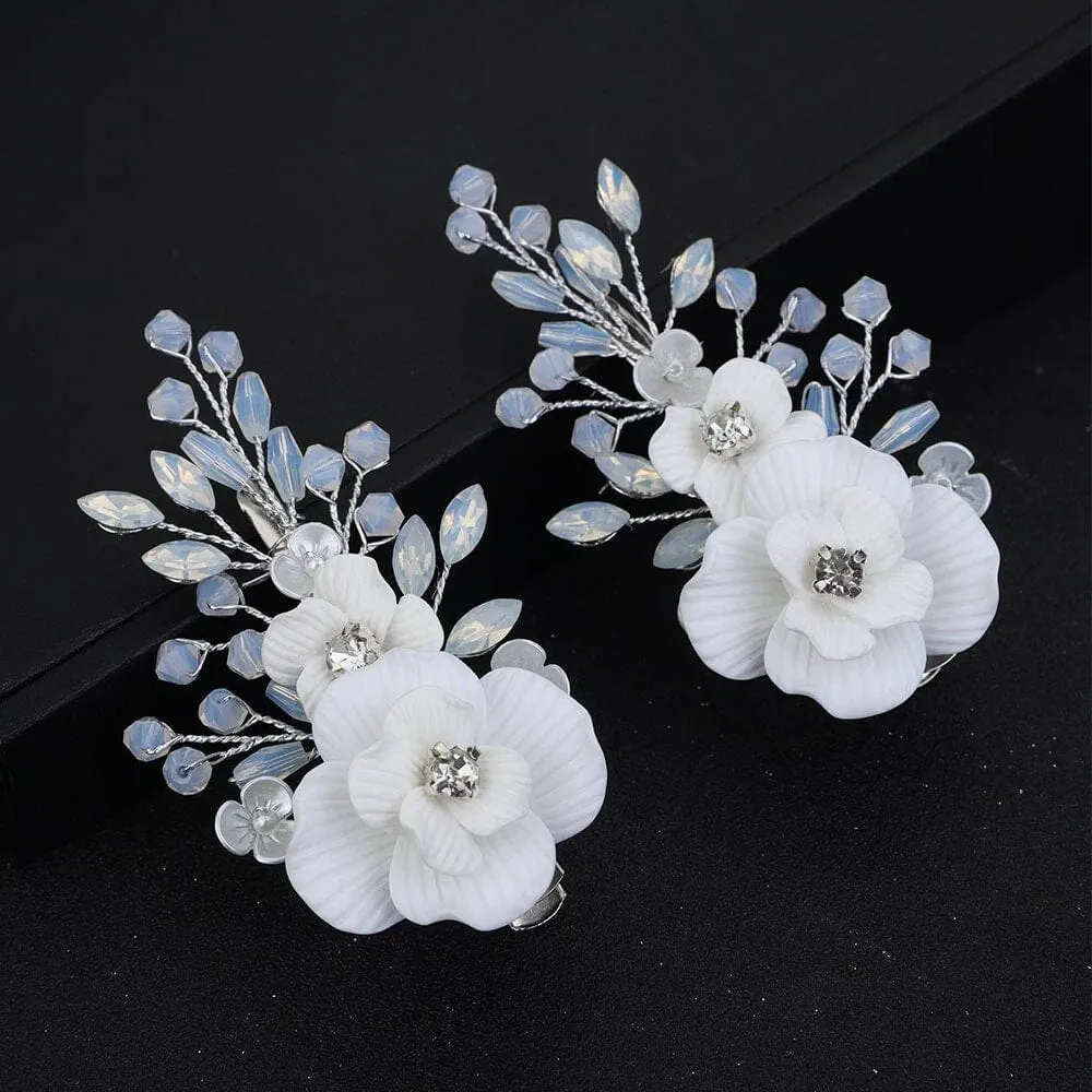 White Flower Opal Leaf Hair Comb, Milky Opal Crystal Bridal Hairpiece, Wedding Floral Hair Comb or Flower Hair Clips