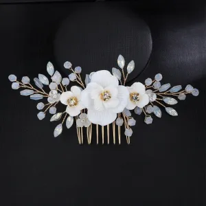 White Flower Opal Leaf Hair Comb, Milky Opal Crystal Bridal Hairpiece, Wedding Floral Hair Comb or Flower Hair Clips