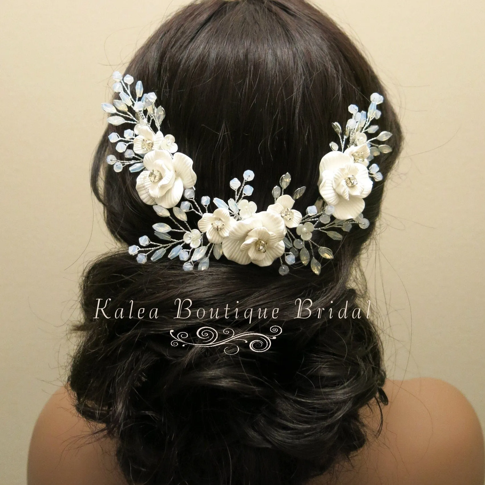 White Flower Opal Leaf Hair Comb, Milky Opal Crystal Bridal Hairpiece, Wedding Floral Hair Comb or Flower Hair Clips