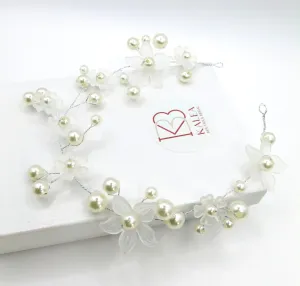 White Flower Pearl Wire Headband, Wedding Silver Wire Headband, Bridal Floral Tiara Head Wreath