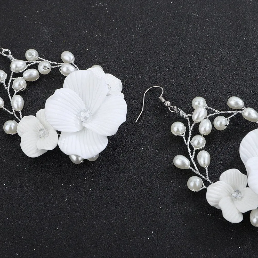 White Large Flower Dangle Hoop Earrings, Bridal Floral Hooped Earrings, Wedding Flower Pearl Wire Hoop Earrings