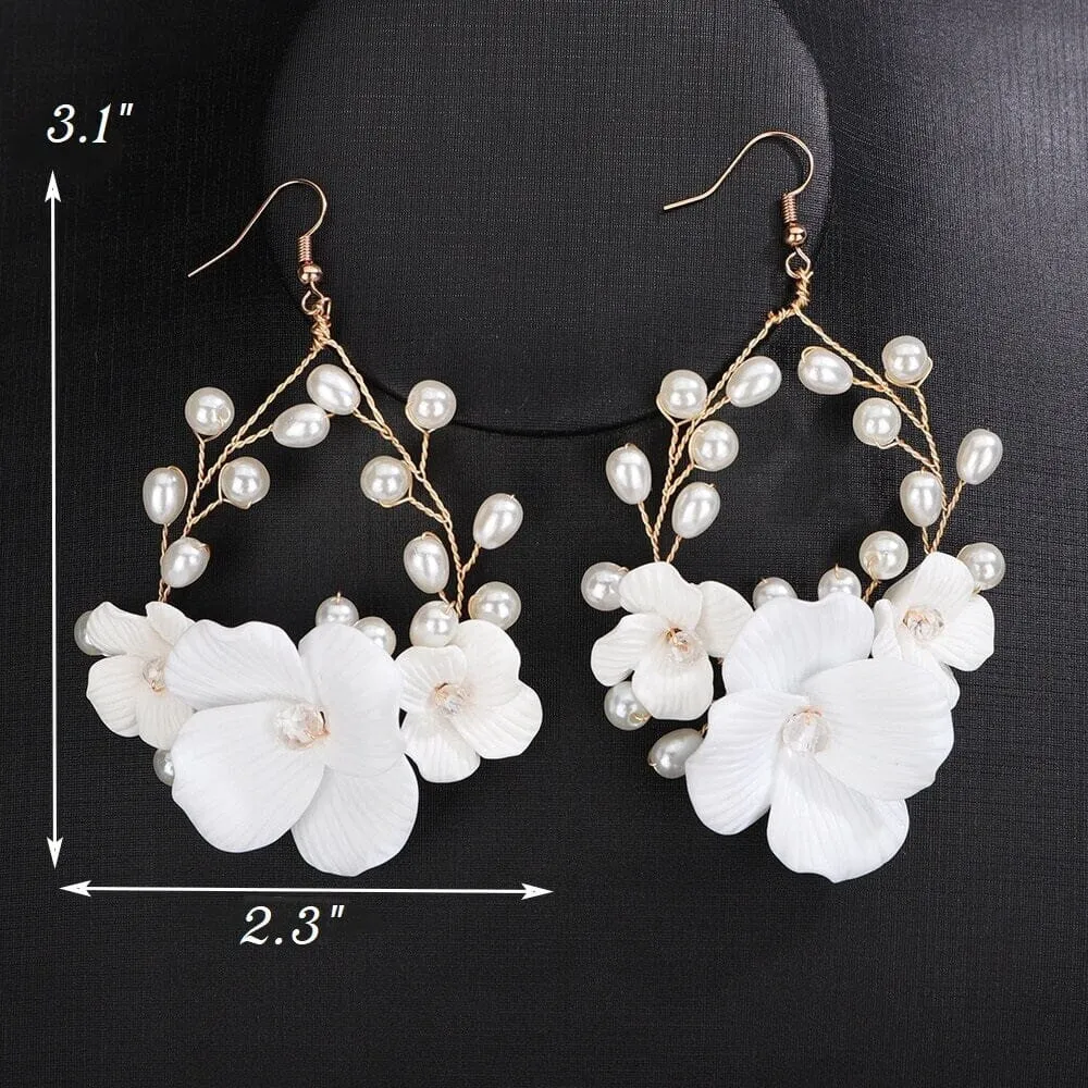 White Large Flower Dangle Hoop Earrings, Bridal Floral Hooped Earrings, Wedding Flower Pearl Wire Hoop Earrings