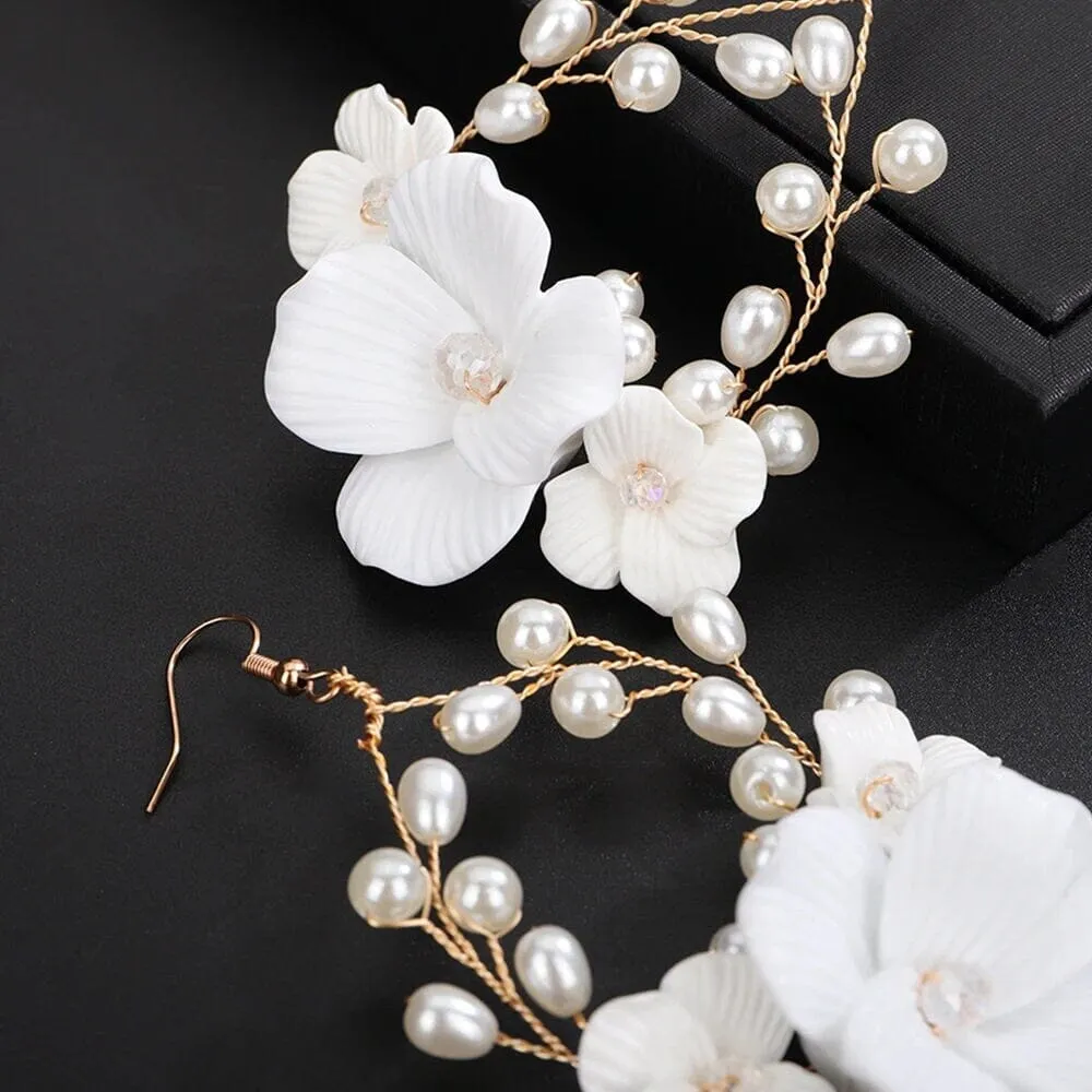 White Large Flower Dangle Hoop Earrings, Bridal Floral Hooped Earrings, Wedding Flower Pearl Wire Hoop Earrings