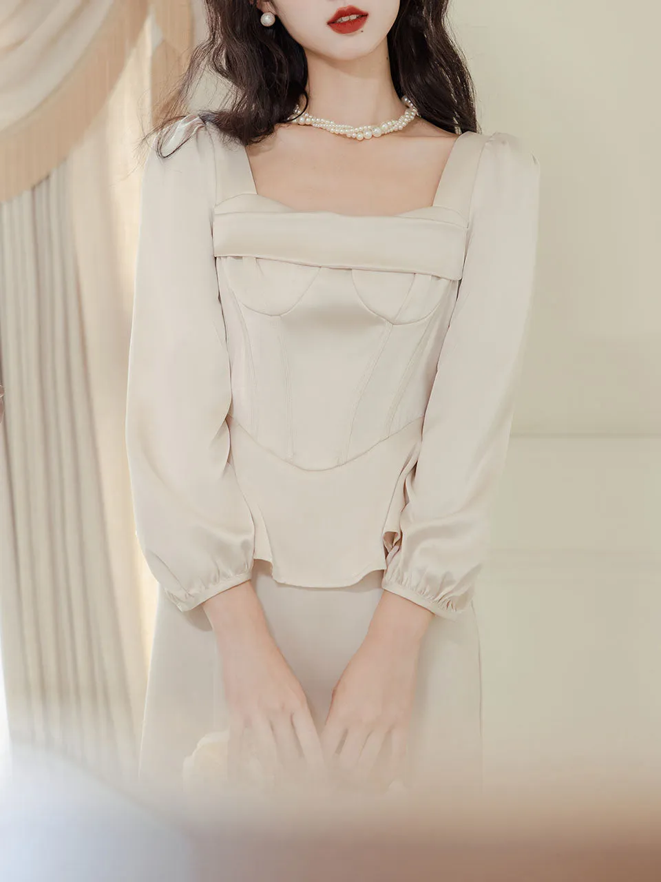 White Long Sleeve Wasp Waist Fake Two-piece Silk 1950S Vintage Wedding Dress