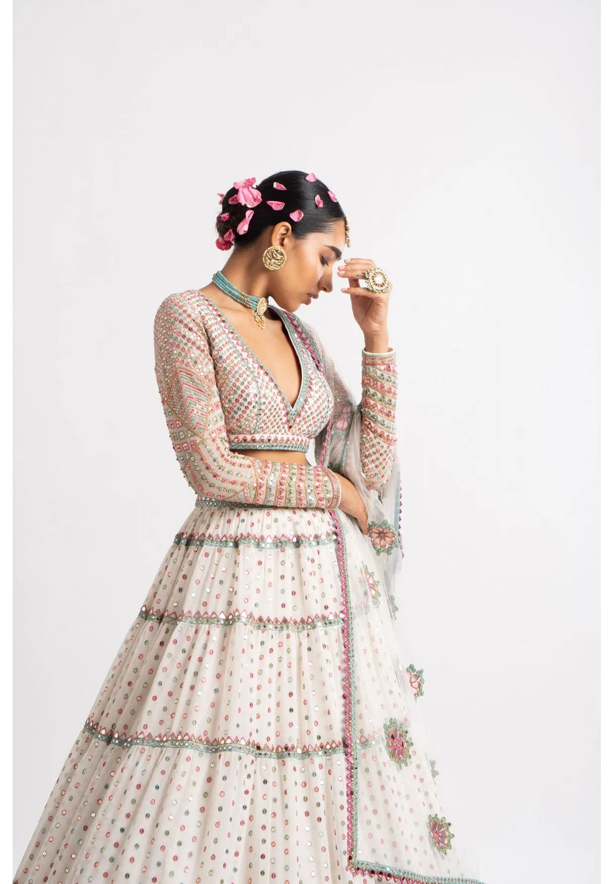 White Multi Tier Multi Color Lehenga Set