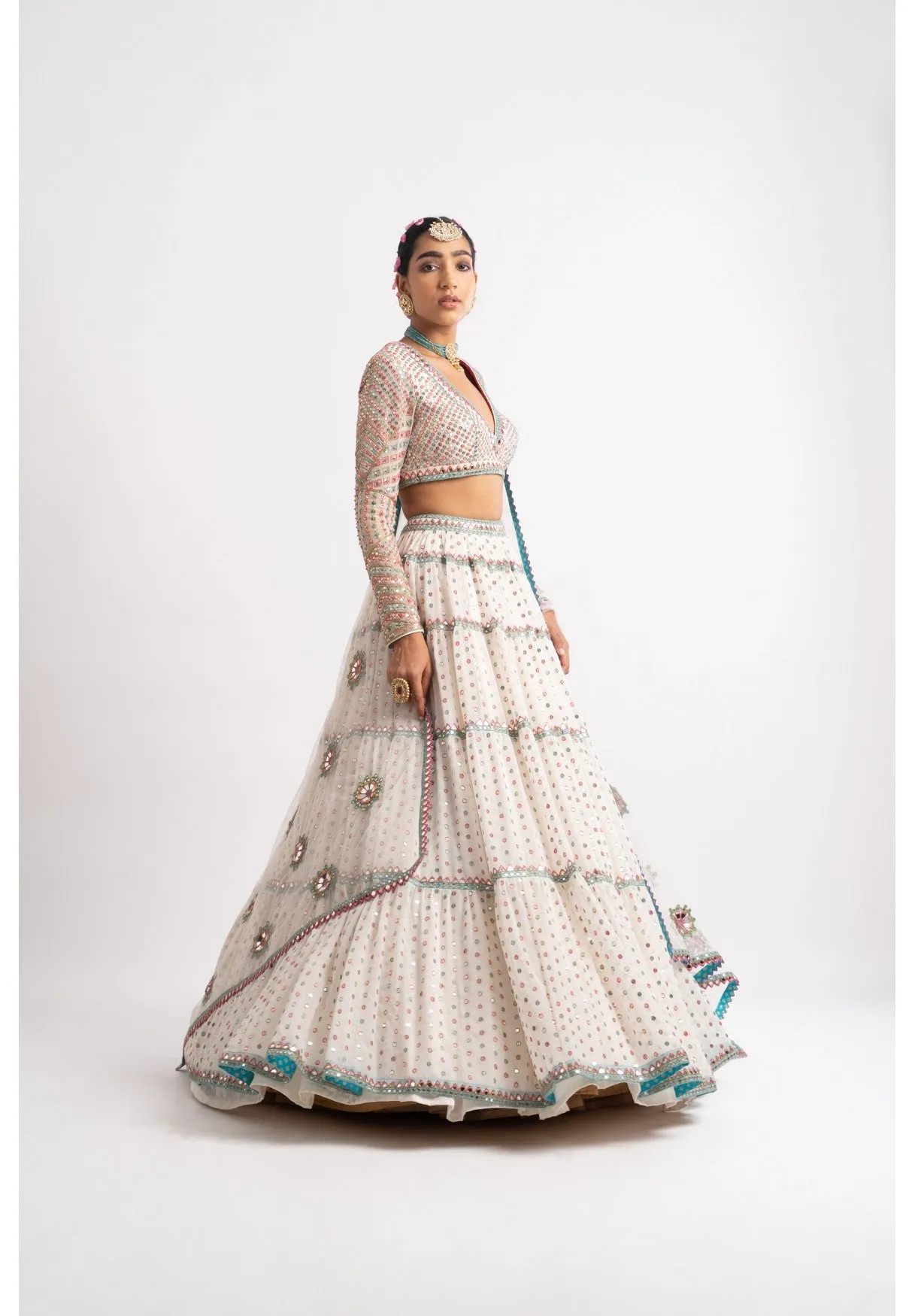 White Multi Tier Multi Color Lehenga Set