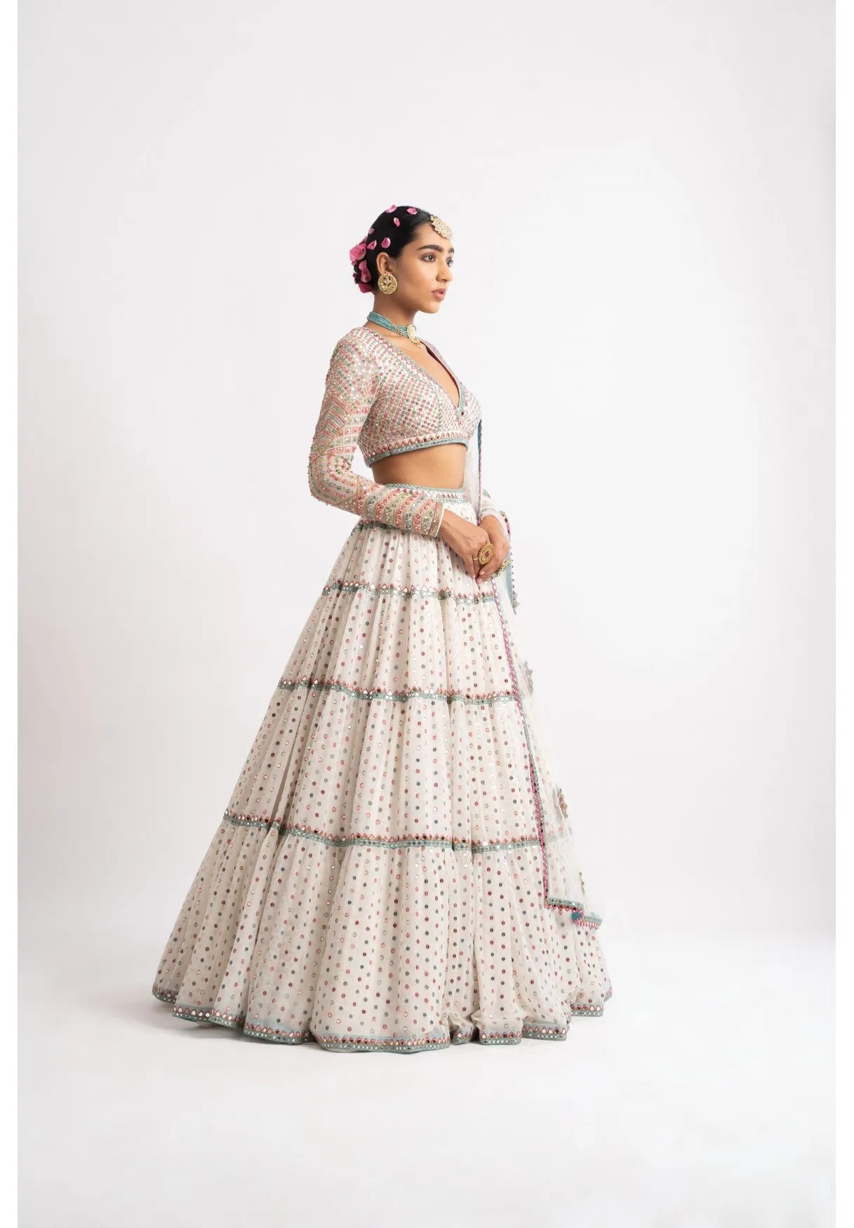White Multi Tier Multi Color Lehenga Set