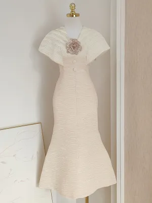 White V Neck Flower Fishtail Party Dress
