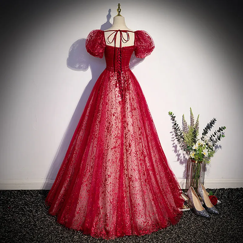 Wine Red Shiny Tulle Sweetheeart Puffy Prom Dress, Long Evening Gown