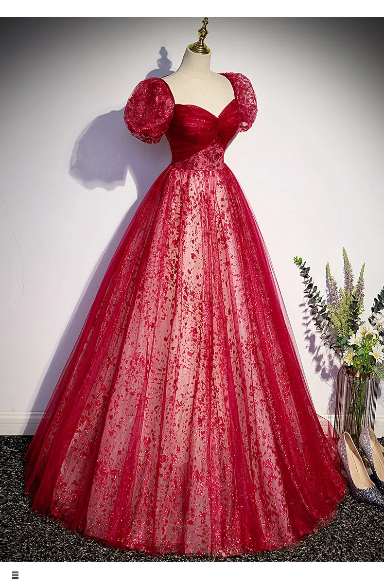 Wine Red Shiny Tulle Sweetheeart Puffy Prom Dress, Long Evening Gown