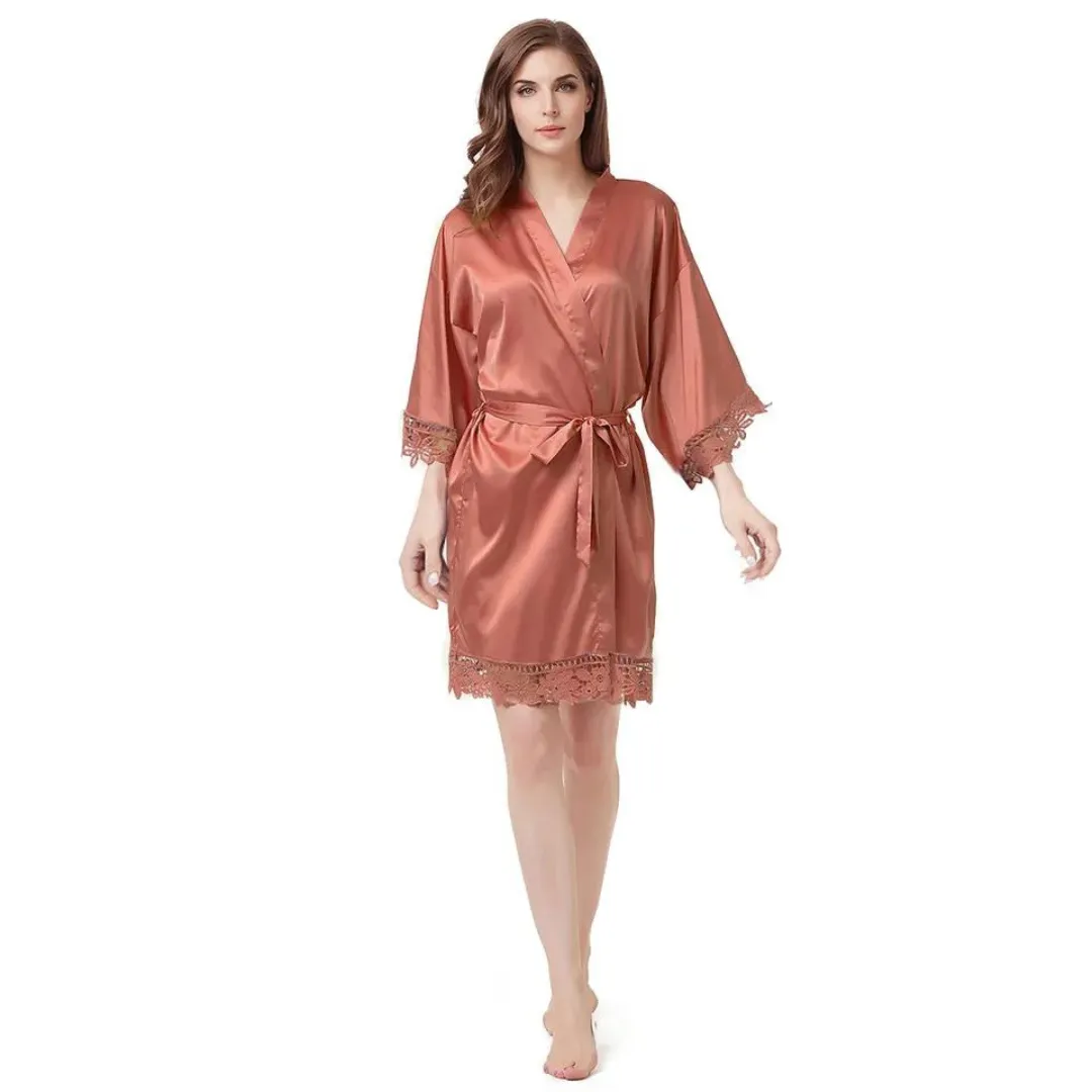 Women's Blank Bridal Day Robe With Crochet Detail - Dusty Orange