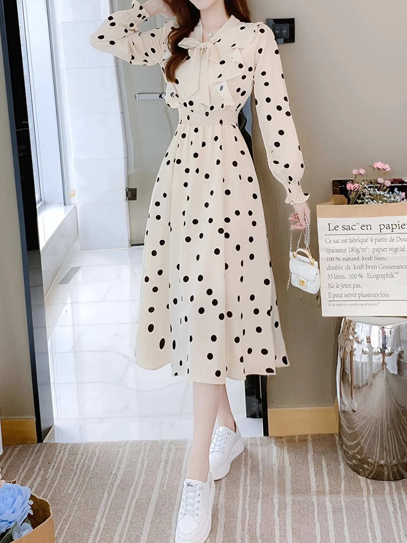 Women's Polka Dot Print Bow Front Slim Dress