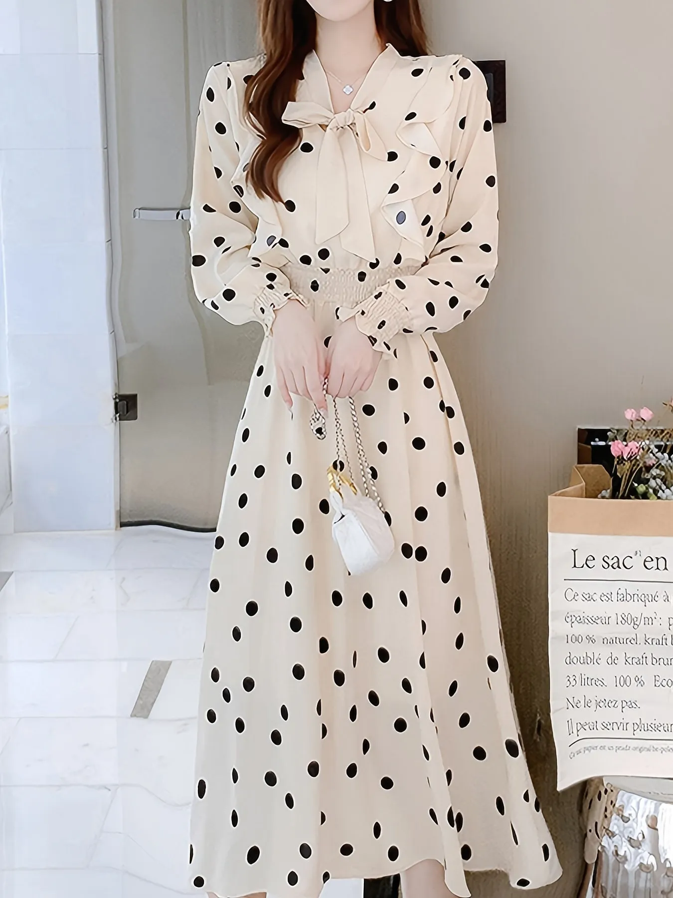 Women's Polka Dot Print Bow Front Slim Dress