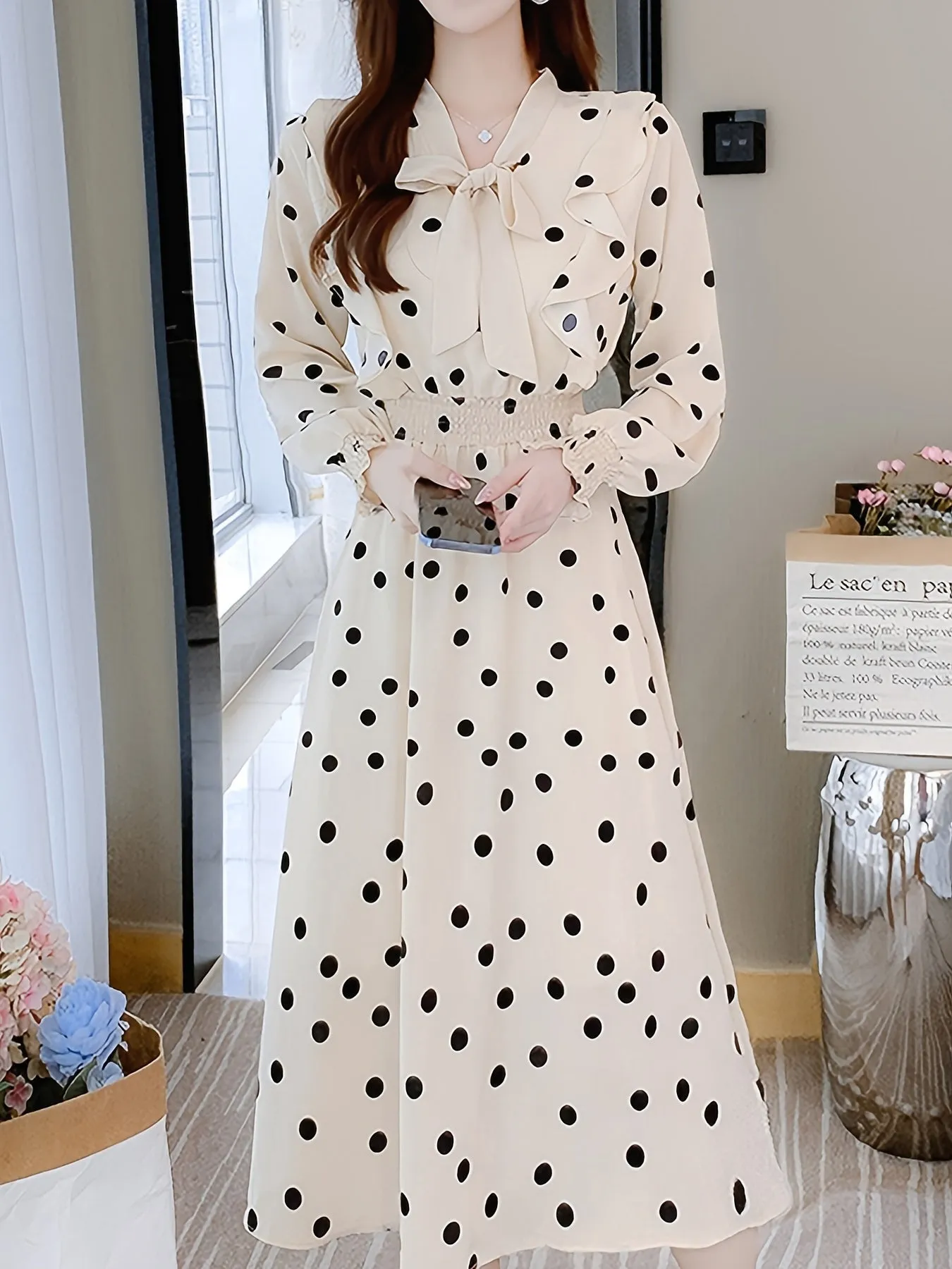 Women's Polka Dot Print Bow Front Slim Dress