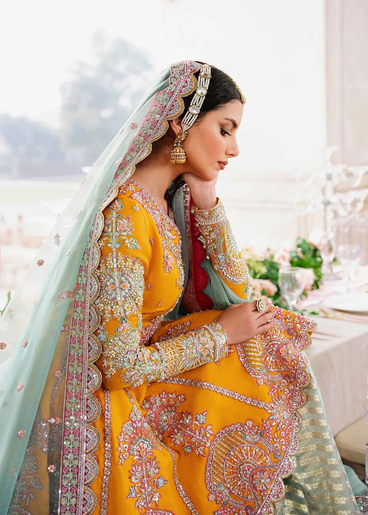 Yellow Blue Contrast Embroidered Pakistani Party Wear Sharara Kameez