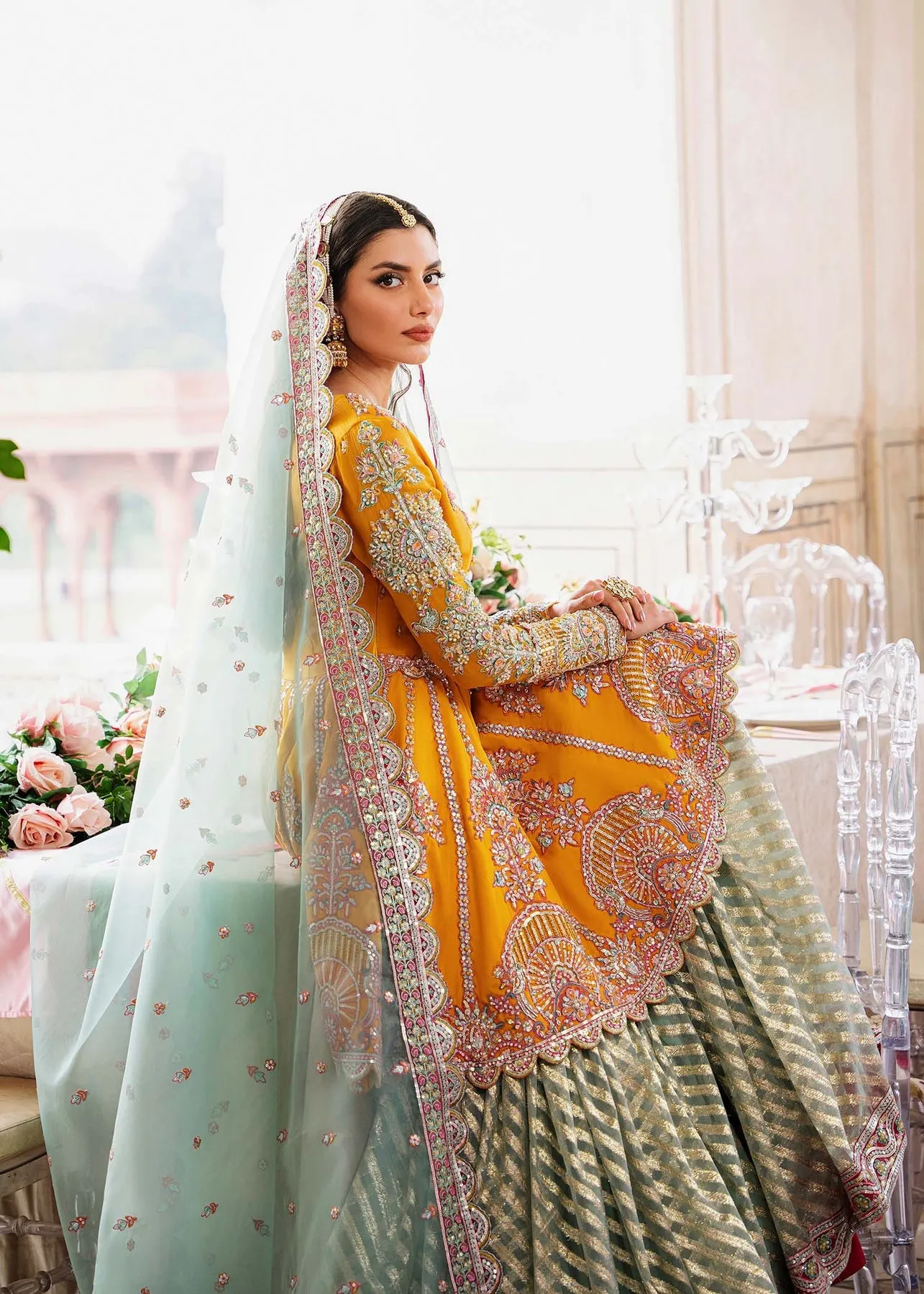 Yellow Blue Contrast Embroidered Pakistani Party Wear Sharara Kameez